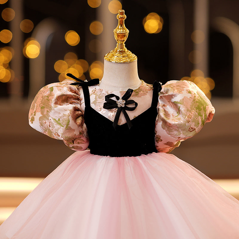 Pink Princess Satin & Tulle Flower Girl Dress - Puff Sleeves