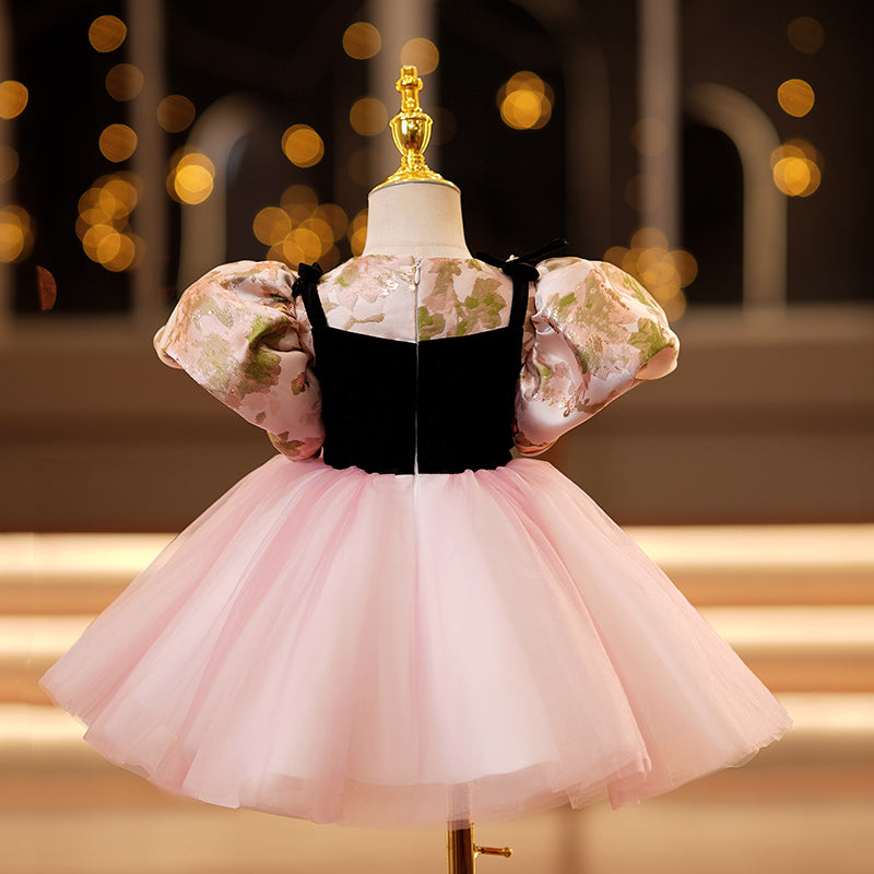 Pink Princess Satin & Tulle Flower Girl Dress - Puff Sleeves