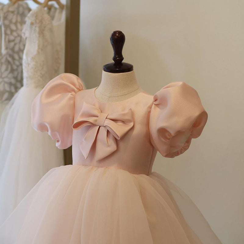 Pink Princess Satin and Tulle Flower Girl Dress with Bows