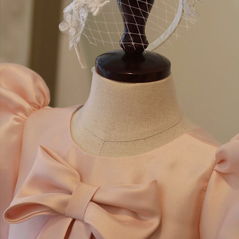 Pink Princess Satin and Tulle Flower Girl Dress with Bows