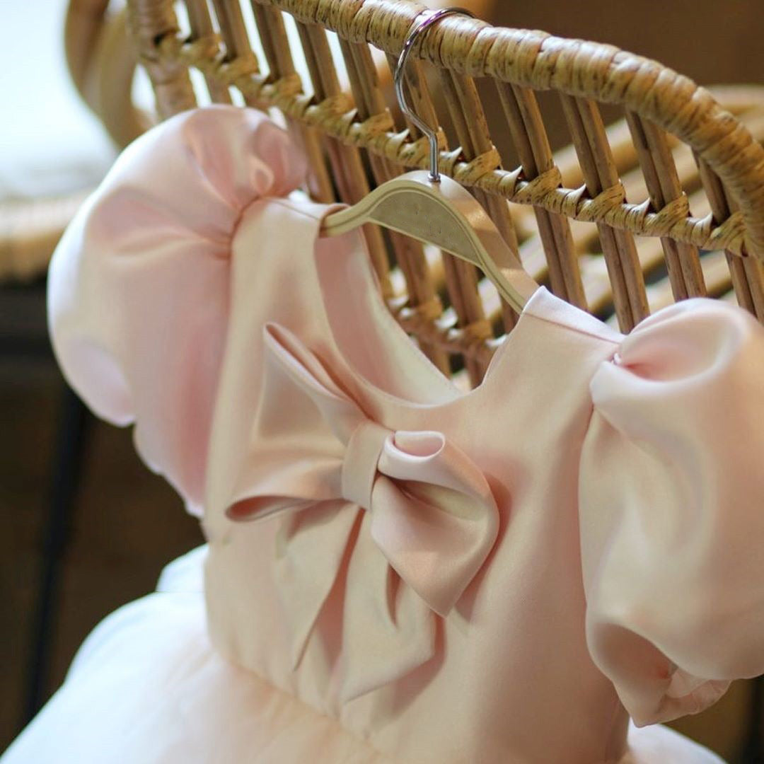 Pink Princess Satin and Tulle Flower Girl Dress with Bows