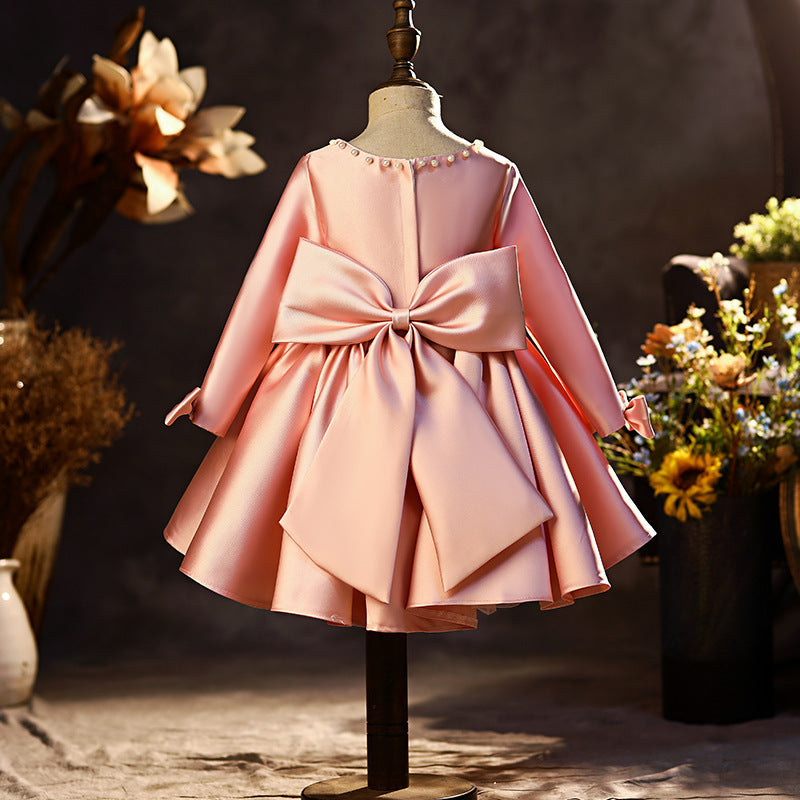 Pink Princess Tea-Length Flower Girl Dress with Bows & Ruffles