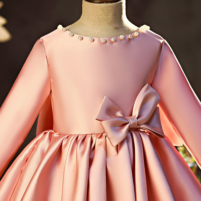 Pink Princess Tea-Length Flower Girl Dress with Bows & Ruffles