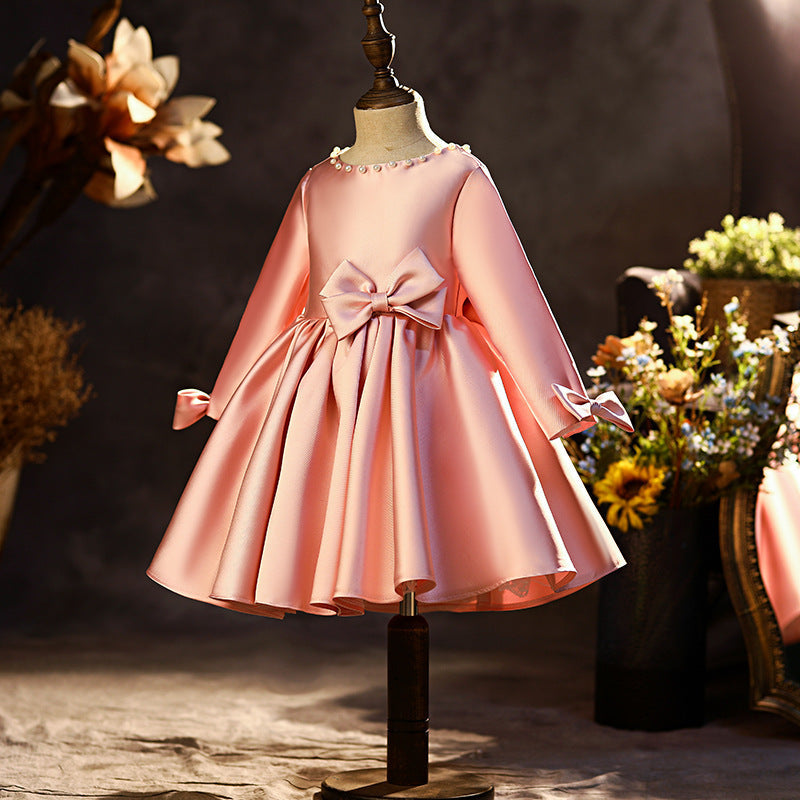 Pink Princess Tea-Length Flower Girl Dress with Bows & Ruffles