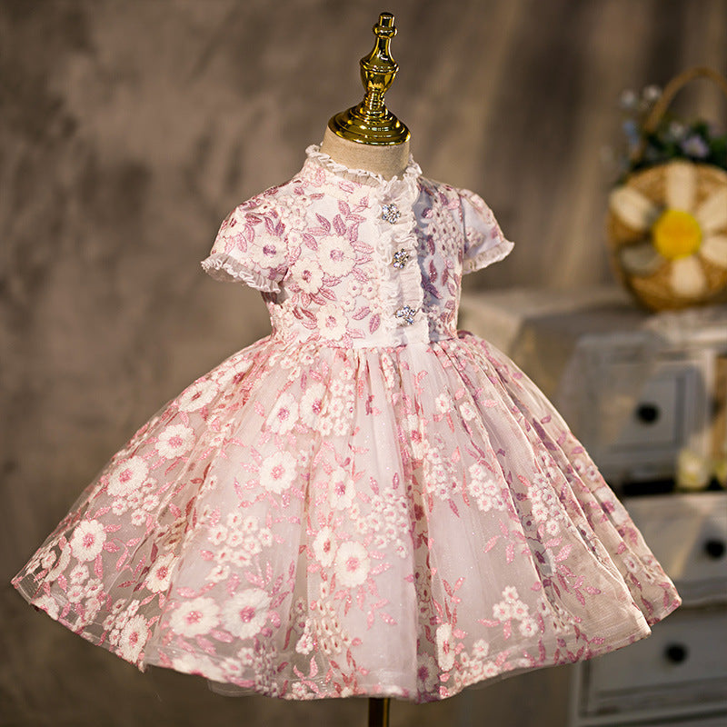 Pink Princess Tea-Length Flower Girl Dress with Lace & Flowers
