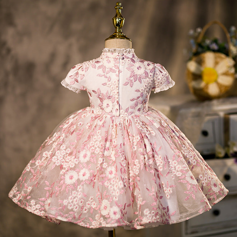 Pink Princess Tea-Length Flower Girl Dress with Lace & Flowers