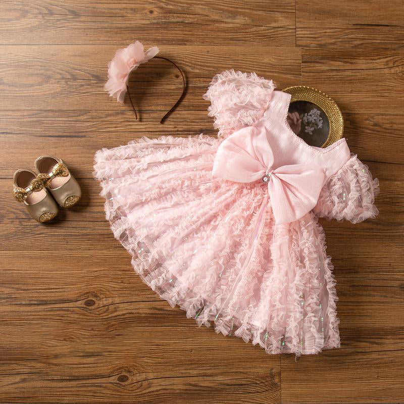 Pink Princess Tea-Length Flower Girl Dress with Lace and Bows