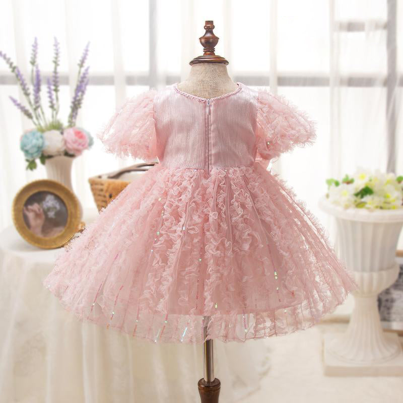 Pink Princess Tea-Length Flower Girl Dress with Lace and Bows