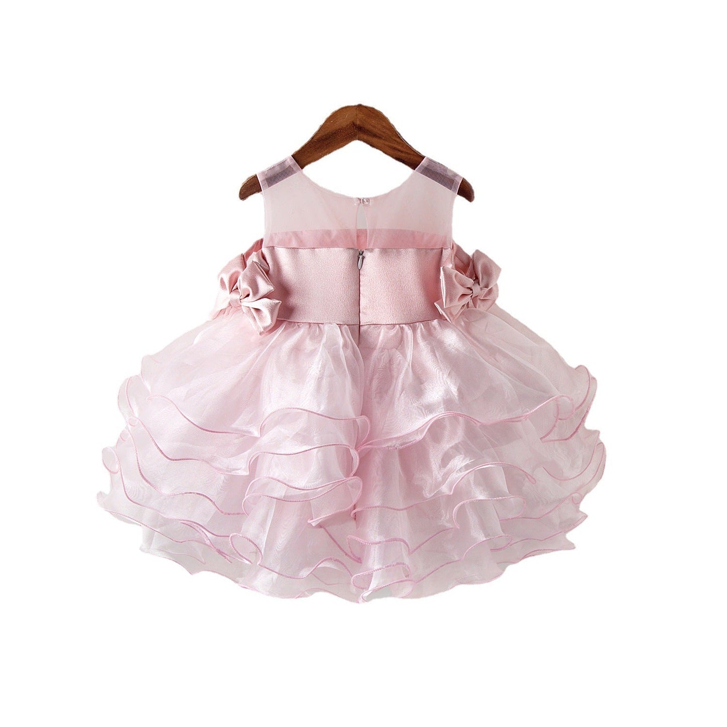Pink Princess Tea-Length Flower Girl Dress with Ruffles