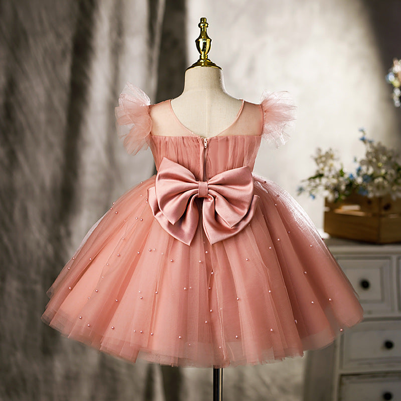 Pink Princess Tea-Length Flower Girl Dress with Tulle and Bows