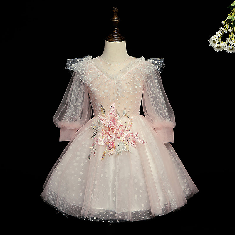 Pink Princess Tea-Length Tulle Flower Girl Dress with Lace