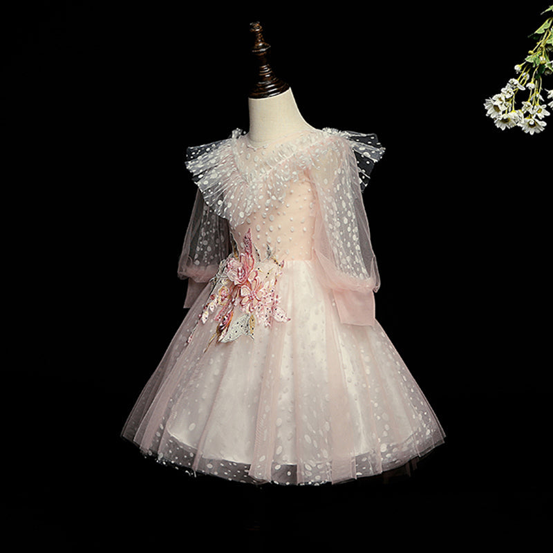 Pink Princess Tea-Length Tulle Flower Girl Dress with Lace