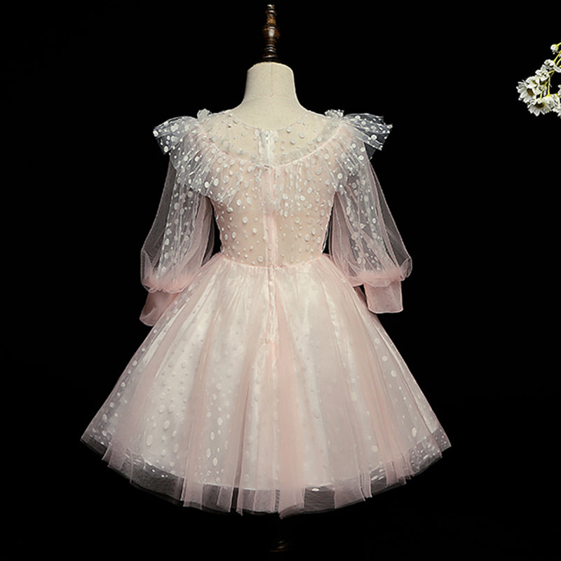 Pink Princess Tea-Length Tulle Flower Girl Dress with Lace