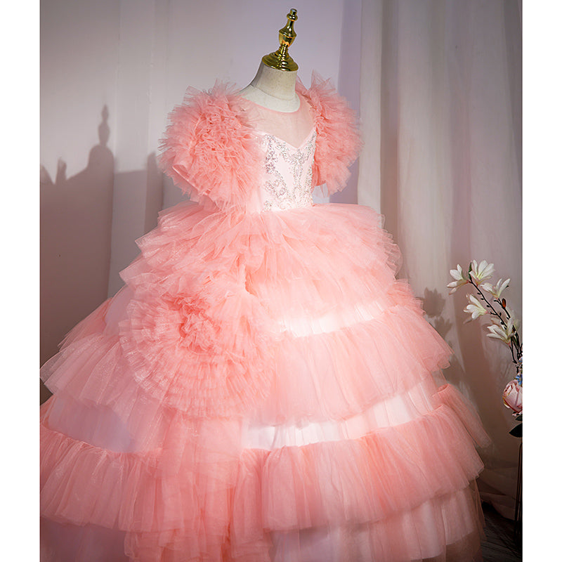 Pink Princess Tulle Flower Girl Dress - Pleated, Floor Length