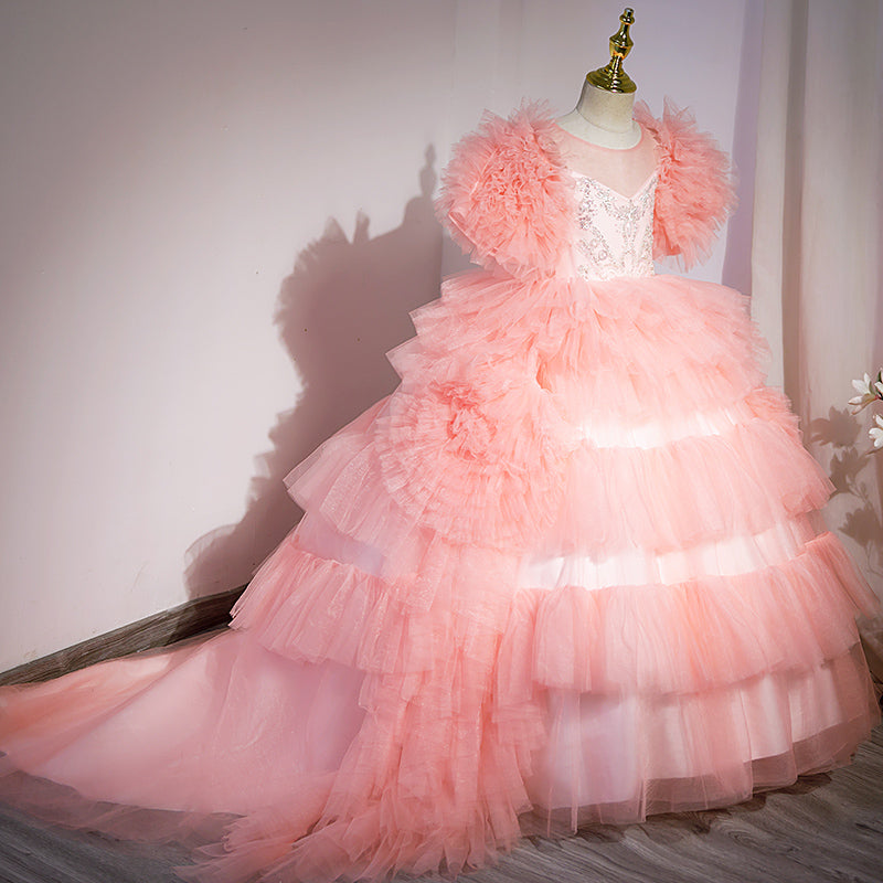 Pink Princess Tulle Flower Girl Dress - Pleated, Floor Length
