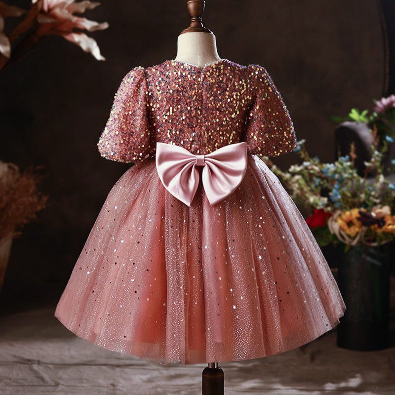 Pink Princess Tulle Flower Girl Dress with Sequins and Puff Sleeves