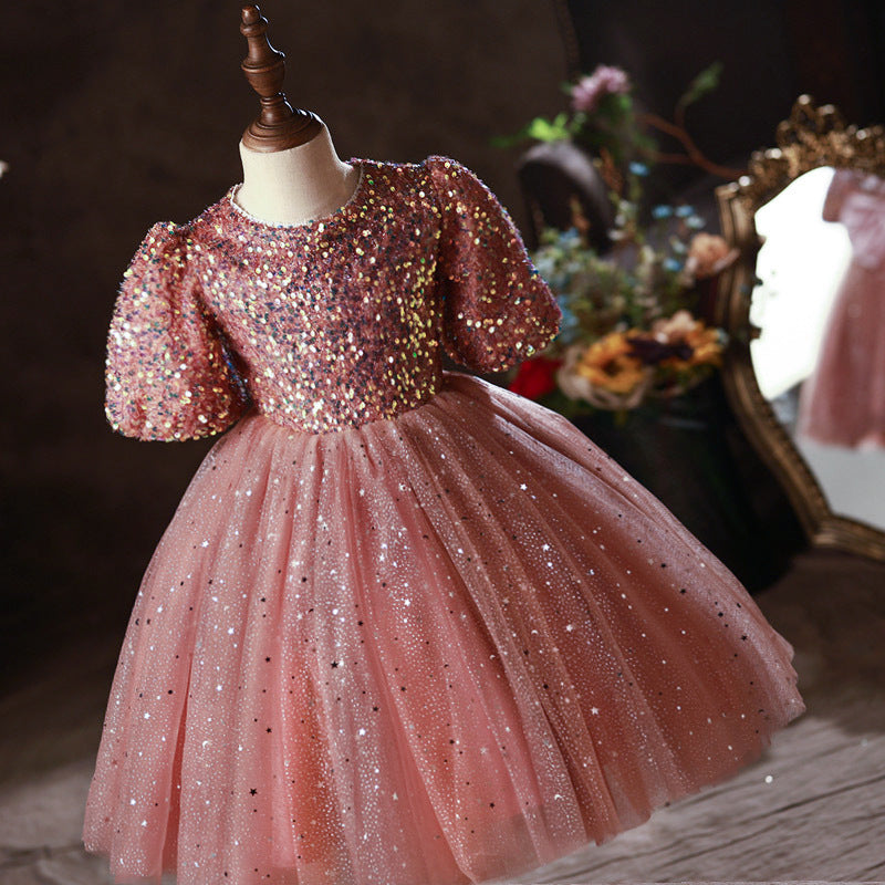 Pink Princess Tulle Flower Girl Dress with Sequins and Puff Sleeves