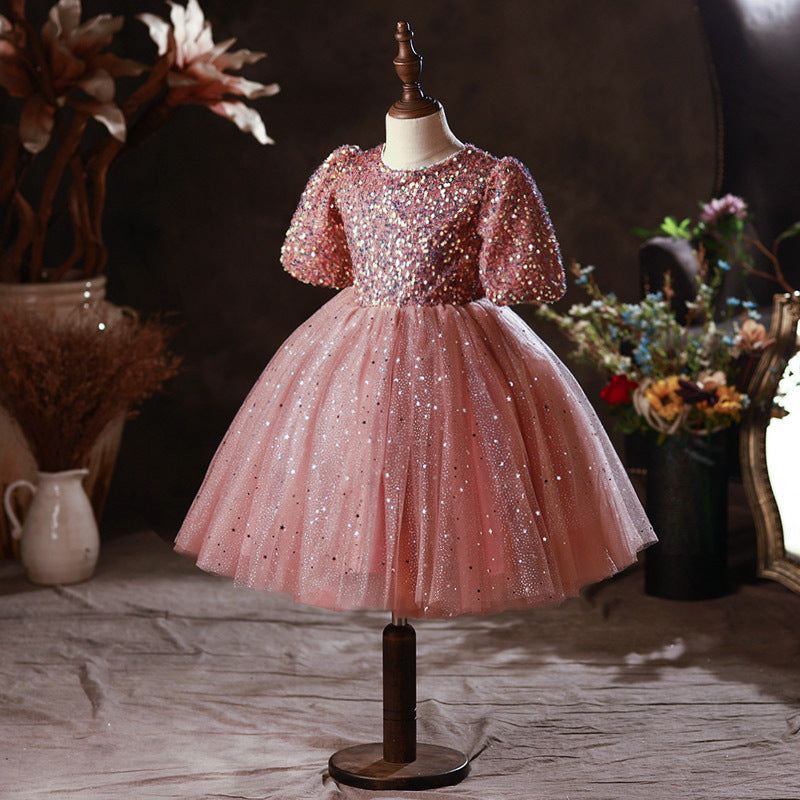 Pink Princess Tulle Flower Girl Dress with Sequins and Puff Sleeves