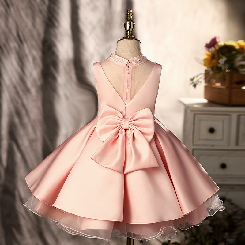 Pink Satin A-Line Flower Girl Dress with Beaded V-Neck