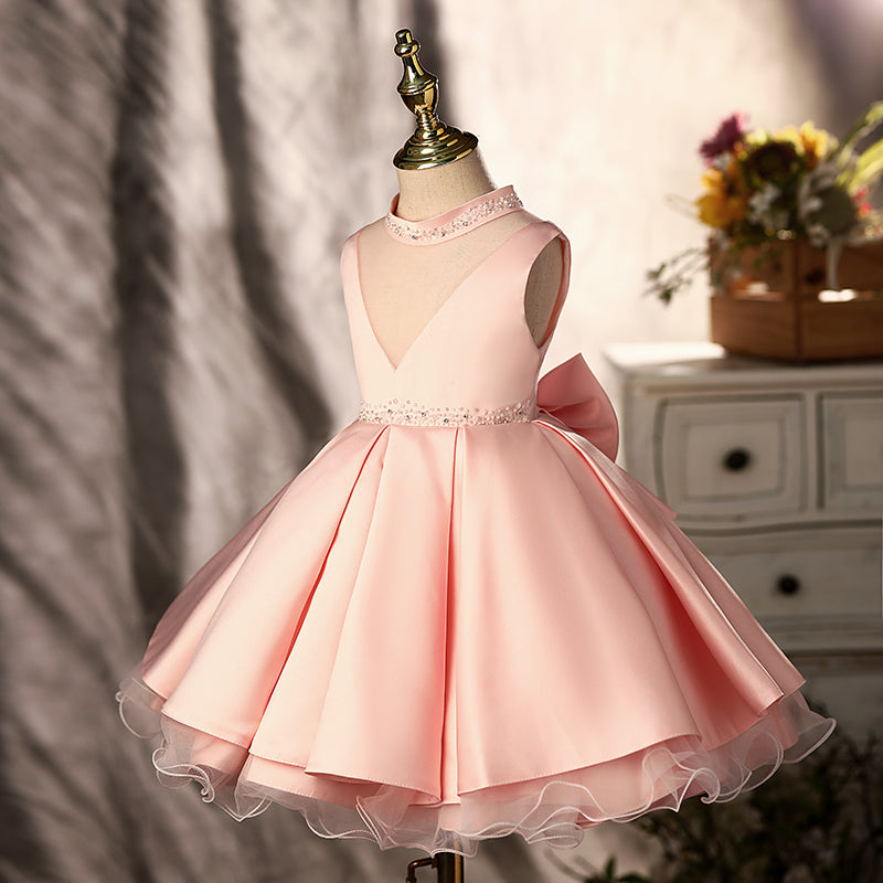 Pink Satin A-Line Flower Girl Dress with Beaded V-Neck