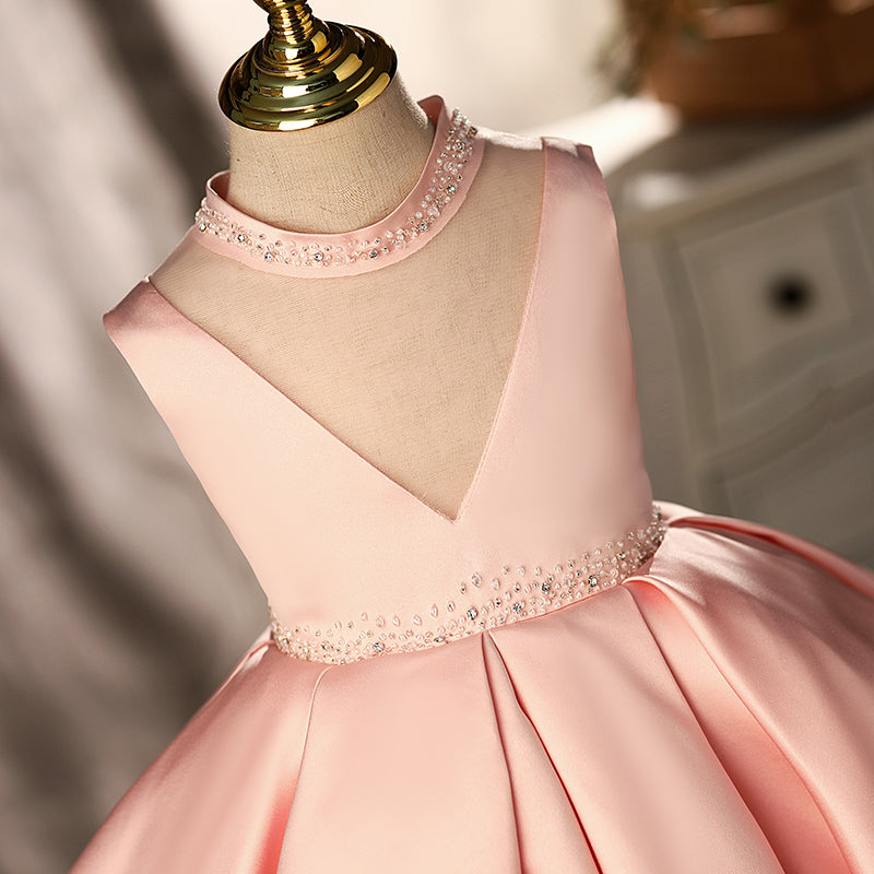 Pink Satin A-Line Flower Girl Dress with Beaded V-Neck