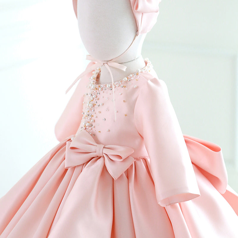 Pink Satin Beaded Bow Ball Gown Long Sleeve Dress for Girls - Birthday & Special Occasion