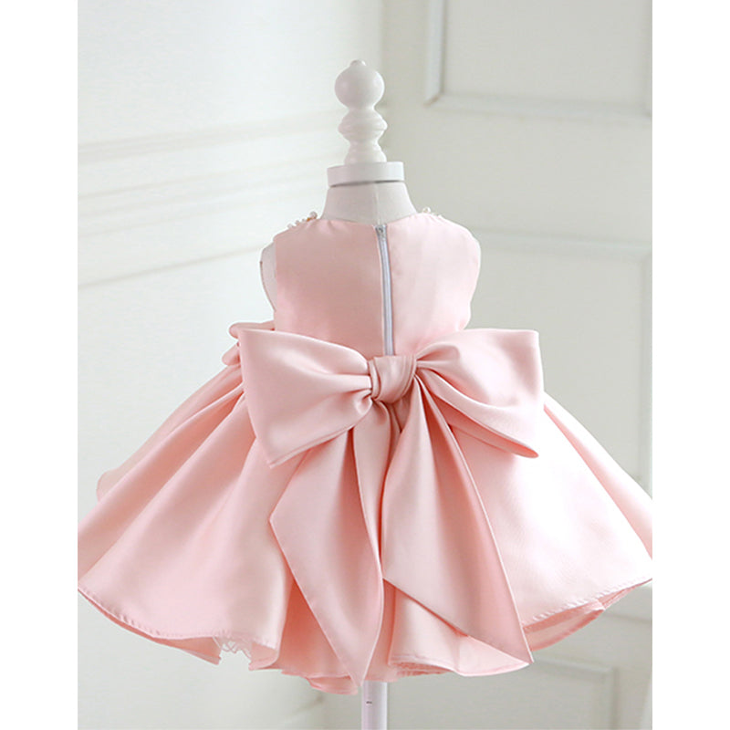 Pink Satin Beaded Bow Ball Gown Long Sleeve Dress for Girls - Birthday & Special Occasion