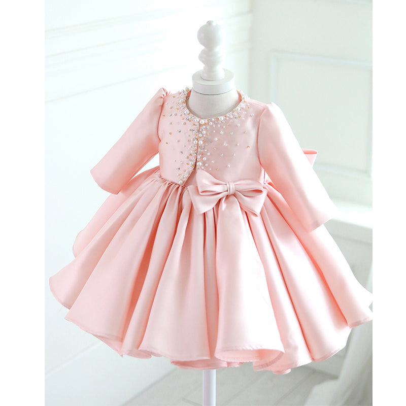 Pink Satin Beaded Bow Ball Gown Long Sleeve Dress for Girls - Birthday & Special Occasion