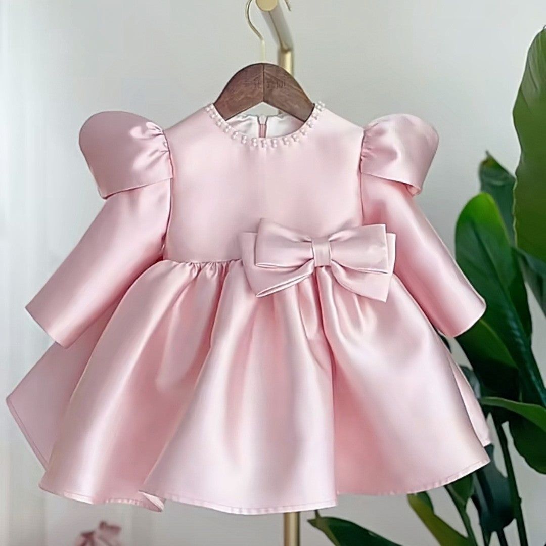 Pink Satin Bow Girls Ball Gown Dress | Long Sleeve Knee-Length Party Dress