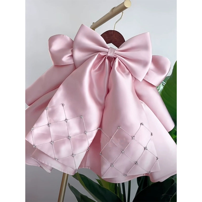 Pink Satin Bow Girls Ball Gown Dress | Long Sleeve Knee-Length Party Dress