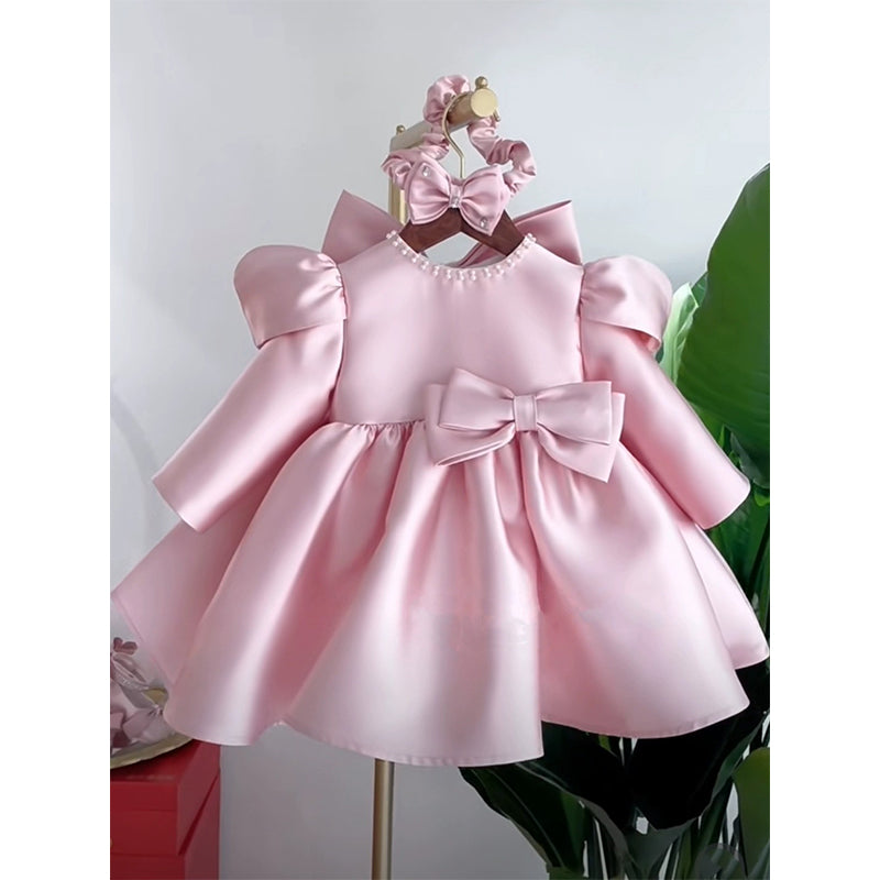 Pink Satin Bow Girls Ball Gown Dress | Long Sleeve Knee-Length Party Dress