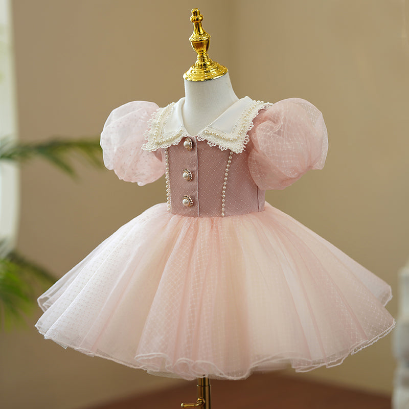 Pink Satin Organza Princess Flower Girl Dress Lace Collar