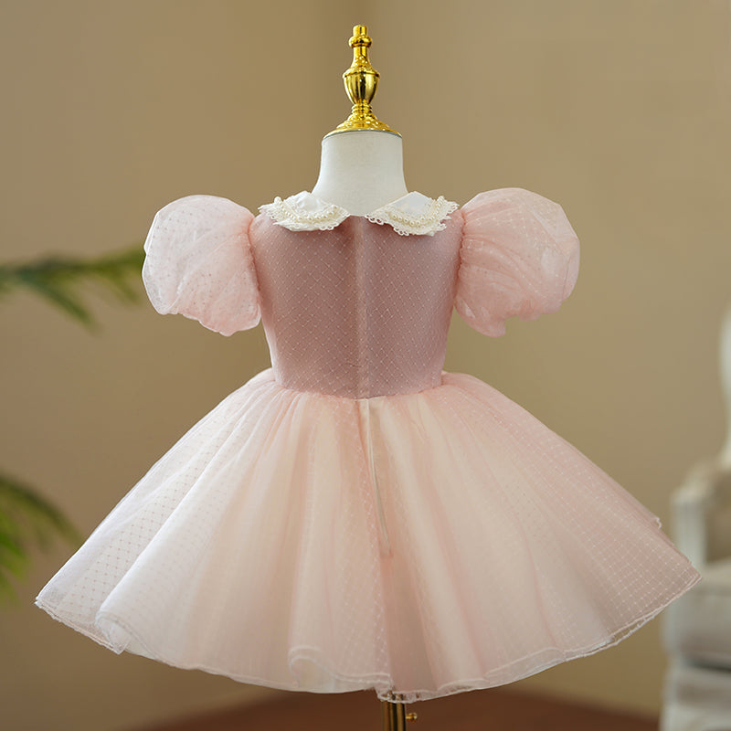 Pink Satin Organza Princess Flower Girl Dress Lace Collar