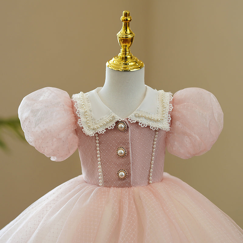Pink Satin Organza Princess Flower Girl Dress Lace Collar
