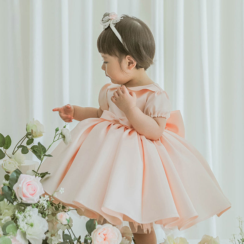 Pink Satin Princess Flower Girl Dress Collared Puff Sleeve