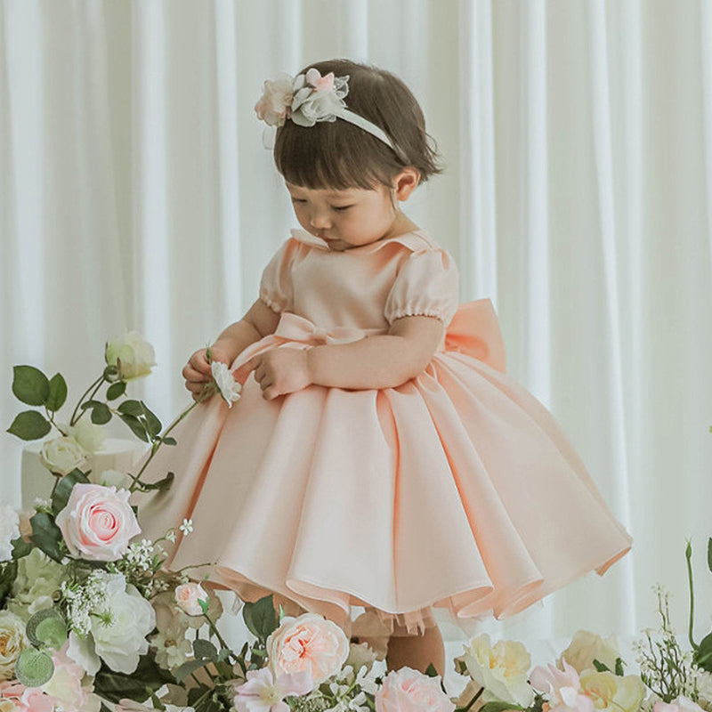 Pink Satin Princess Flower Girl Dress Collared Puff Sleeve