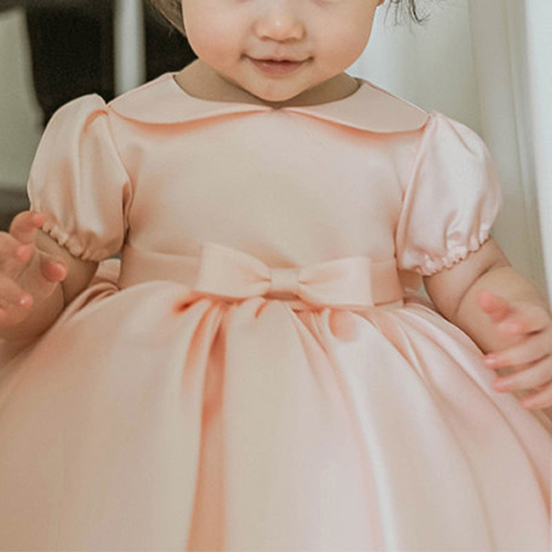 Pink Satin Princess Flower Girl Dress Collared Puff Sleeve