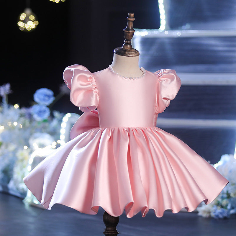 Pink Satin Princess Flower Girl Dress - Puff Sleeves