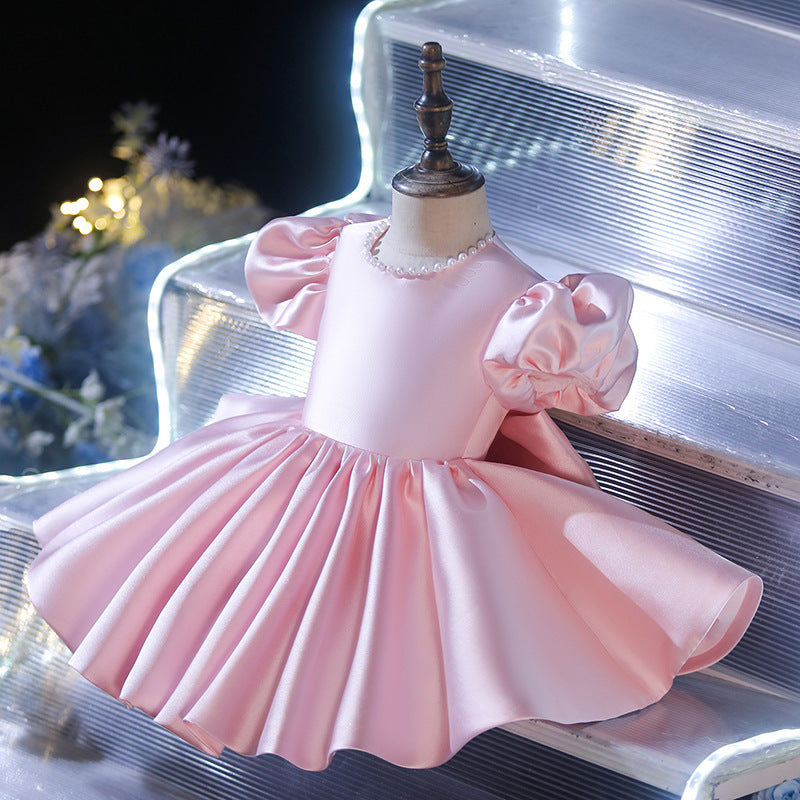 Pink Satin Princess Flower Girl Dress - Puff Sleeves