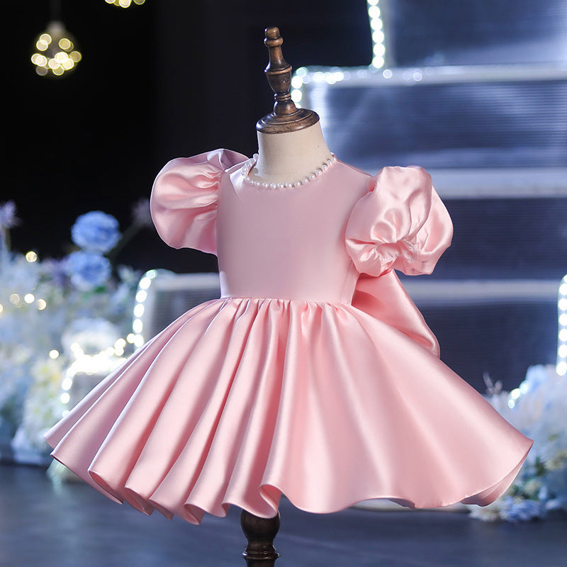 Pink Satin Princess Flower Girl Dress - Puff Sleeves