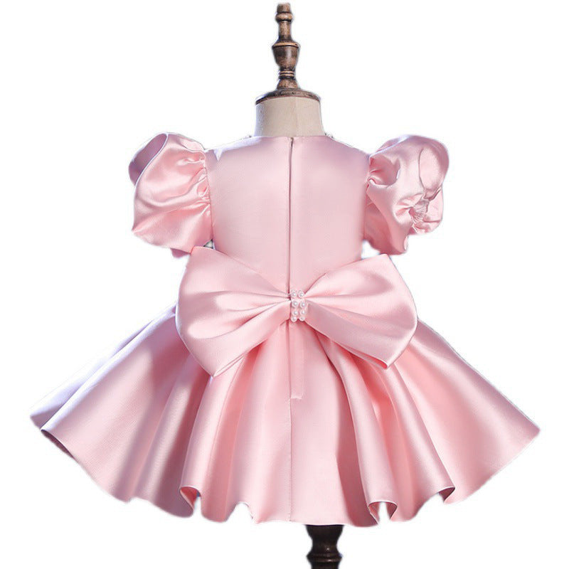 Pink Satin Princess Flower Girl Dress - Puff Sleeves