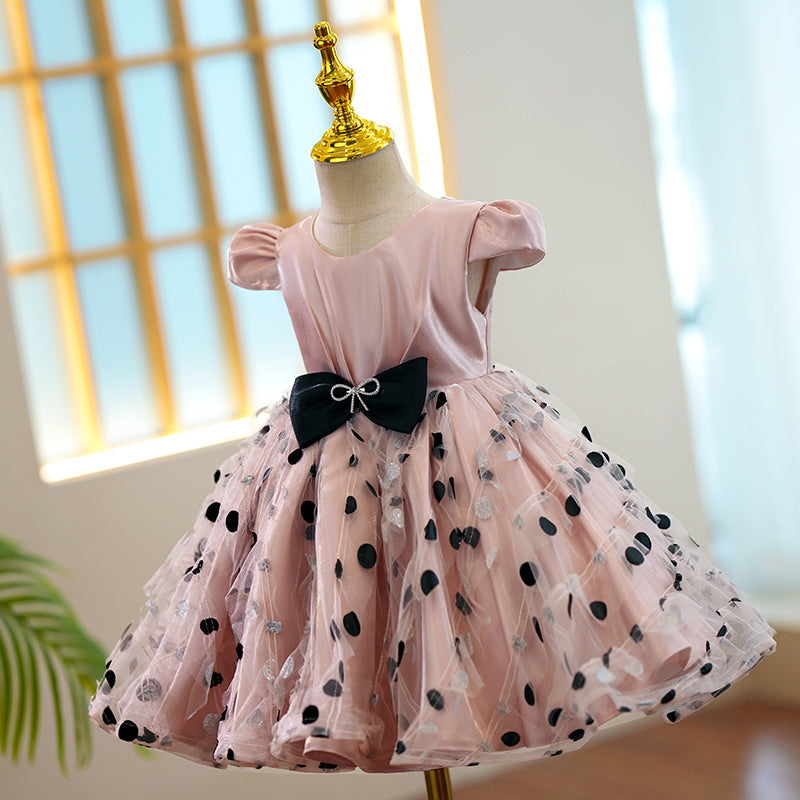 Pink Satin Tulle A-Line Flower Girl Dress Cap Sleeve Bow Tea