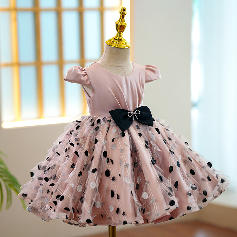Pink Satin Tulle A-Line Flower Girl Dress Cap Sleeve Bow Tea