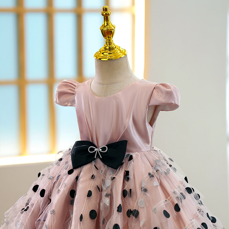 Pink Satin Tulle A-Line Flower Girl Dress Cap Sleeve Bow Tea