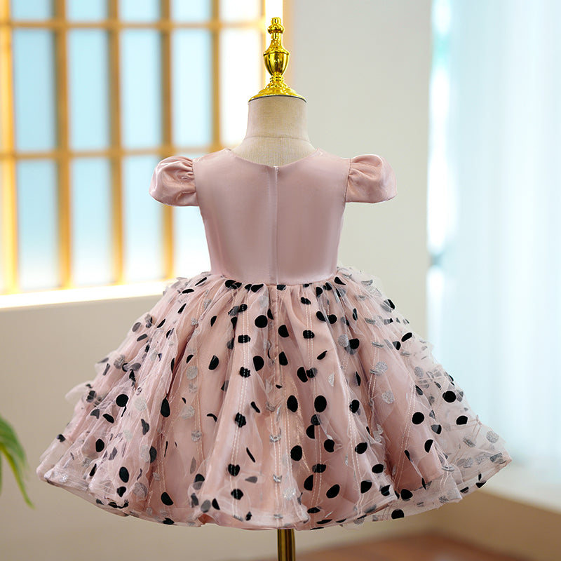 Pink Satin Tulle A-Line Flower Girl Dress Cap Sleeve Bow Tea