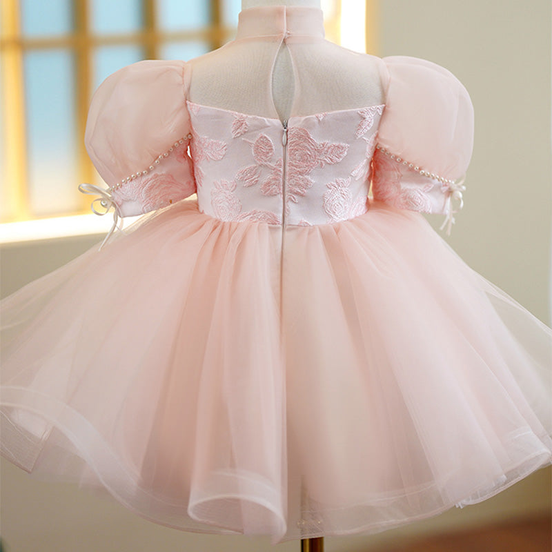Pink Satin Tulle Princess Flower Girl Dress Beaded Mock Neck