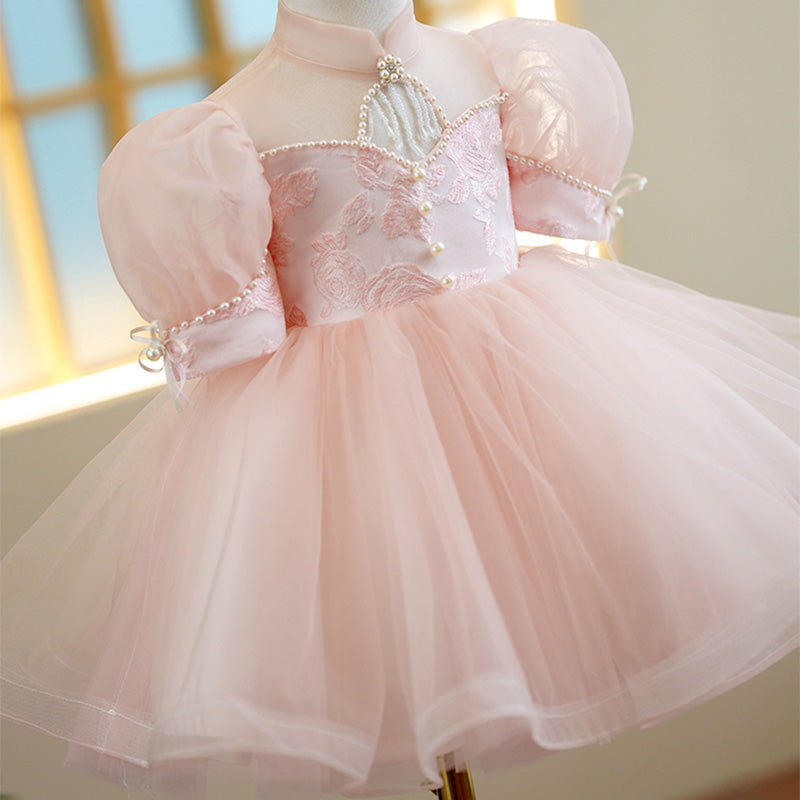 Pink Satin Tulle Princess Flower Girl Dress Beaded Mock Neck