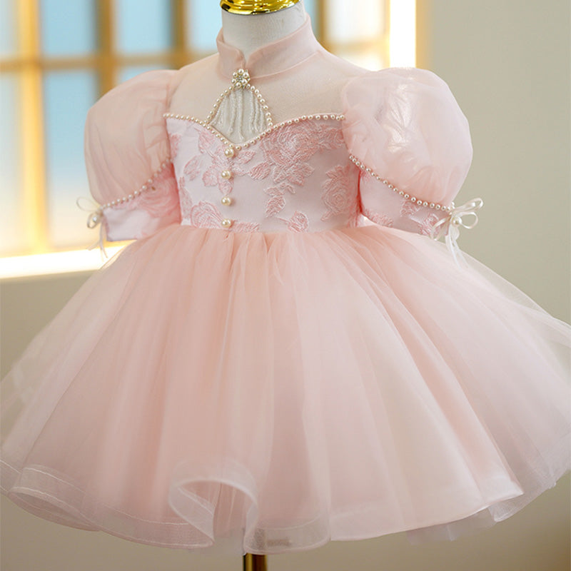 Pink Satin Tulle Princess Flower Girl Dress Beaded Mock Neck