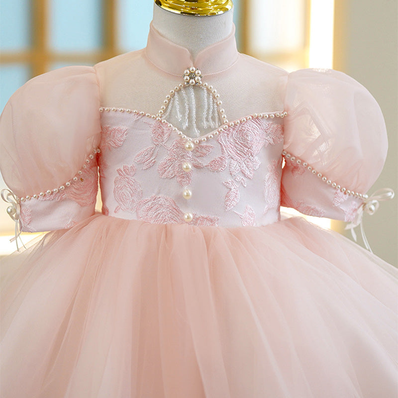 Pink Satin Tulle Princess Flower Girl Dress Beaded Mock Neck