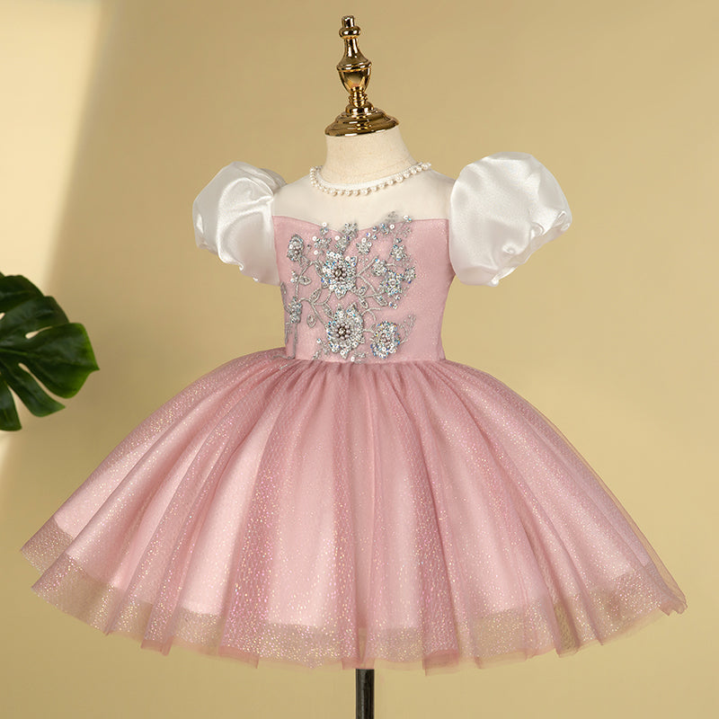 Pink Satin Tulle Princess Flower Girl Dress Flower Sequin Knee